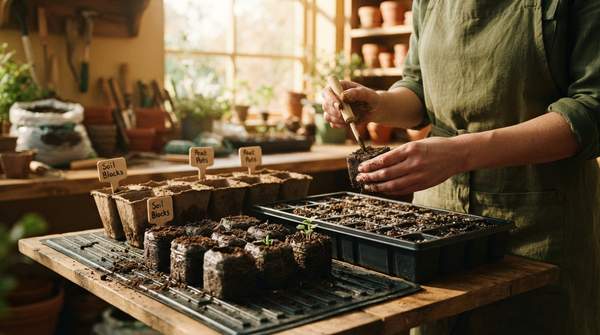 Editorial illustration for Choosing Your Indoor Seed Starting Method: Soil Blocks, Plastic Trays, or Peat Pots?