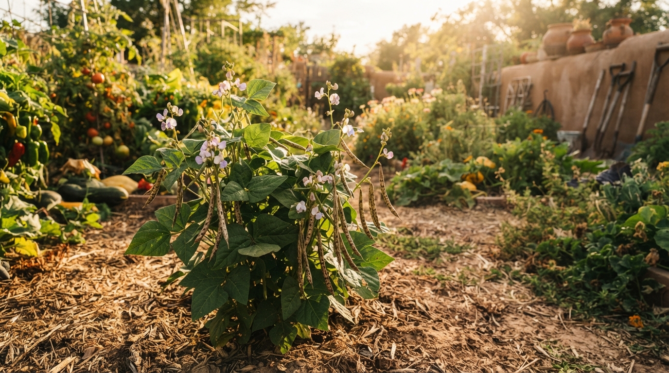 A thriving home vegetable garden featuring drought-tolerant plants like tepary beans, showcasing resilience and abundance in sunny, dry conditions.