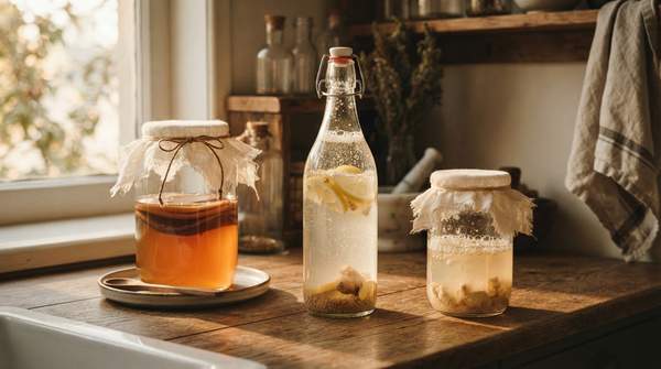 Editorial illustration for Kombucha, Water Kefir, or Ginger Bug: Which Fermented Drink Should You Brew First?