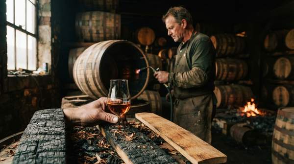 Editorial illustration for Wood and Fire: How Barrel Type and Char Level Build the Flavors in Your Glass